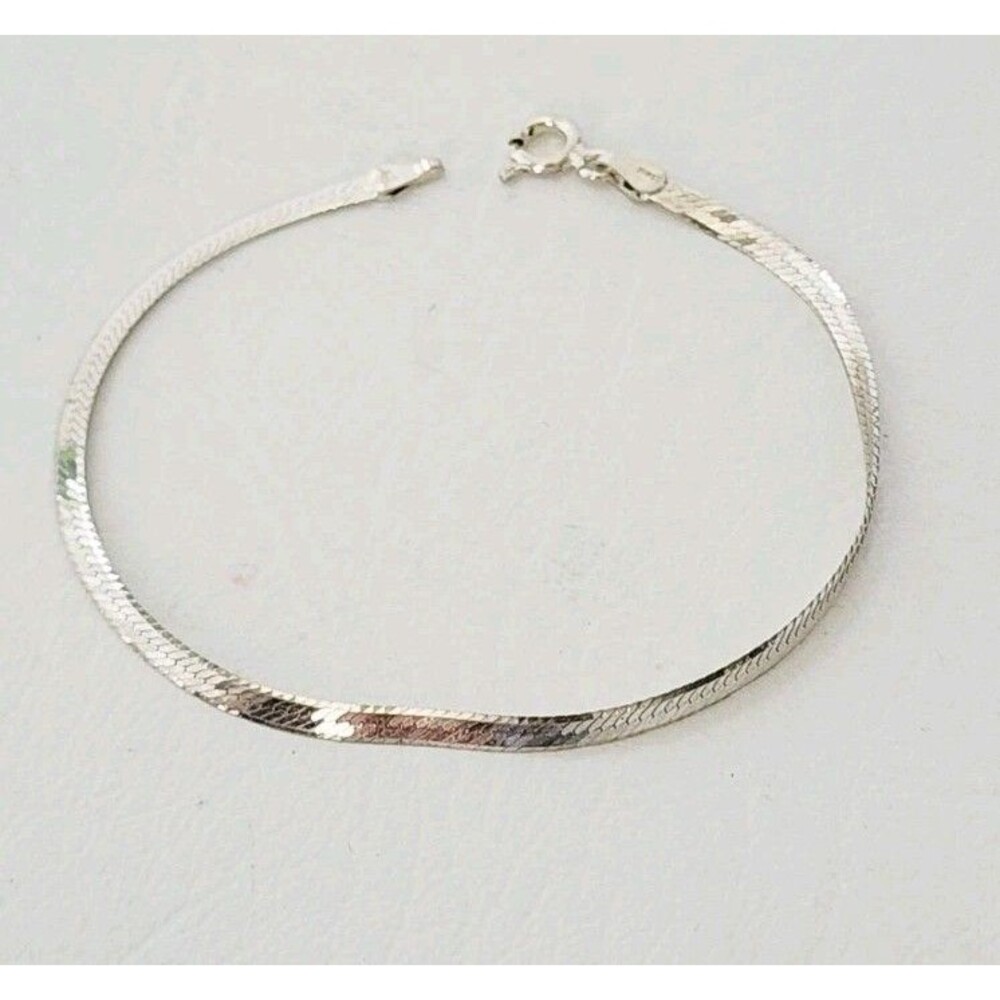 925 Italy Sterling Silver Shiny Herringbone Chain Link Bracelet 7"